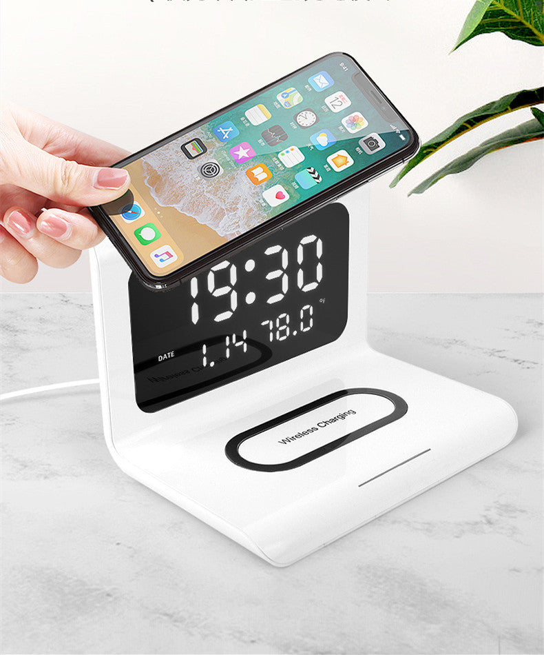 Despertador con cargador inalámbrico, calendario perpetuo creativo, temperatura y humedad, carga inalámbrica rápida de 10W