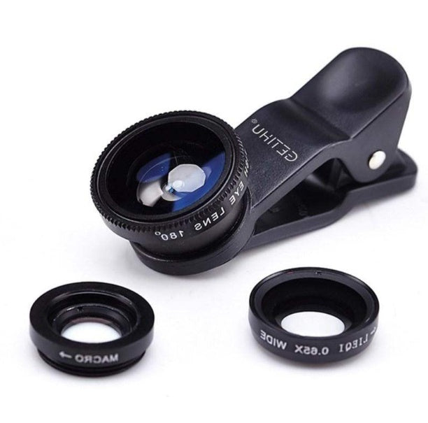 Lente de ojo de pez universal 3 en 1, lentes de clip para teléfono móvil, ojo de pez