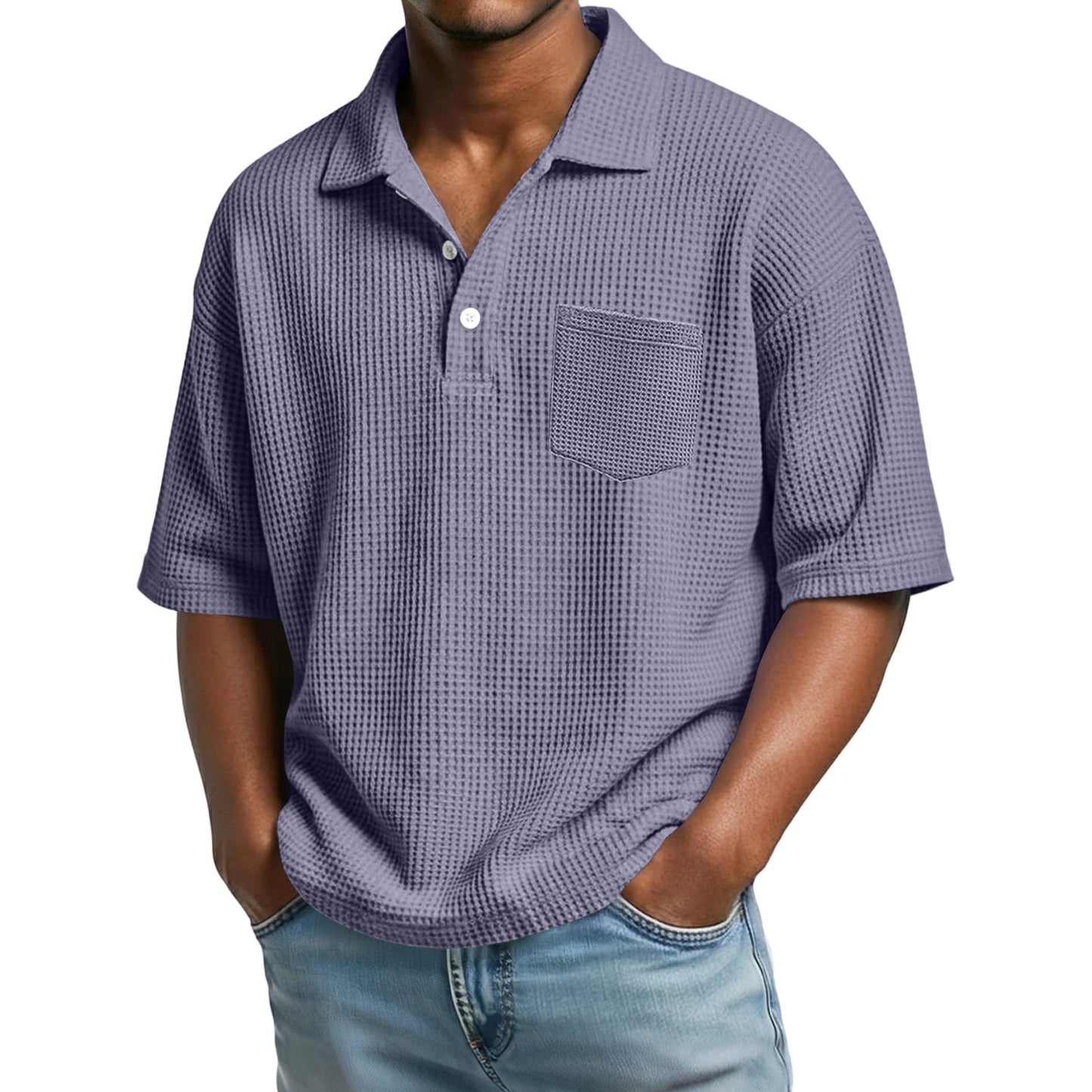 Polo de hombre de manga corta con solapa, tejido waffle y color liso