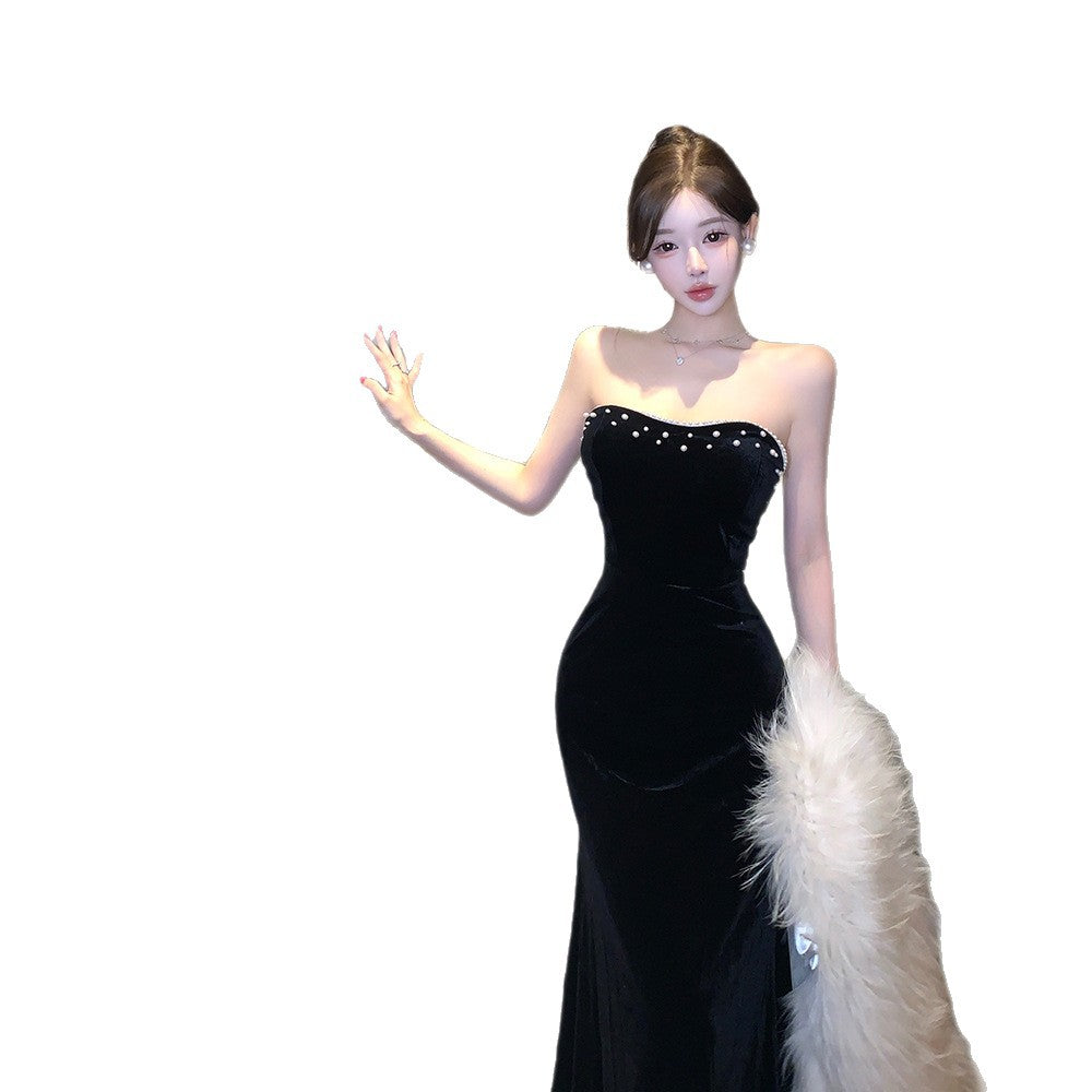 Luxury Celebrity-style Strapless Evening Gown Velvet Waist-Cinched Maxi Dress