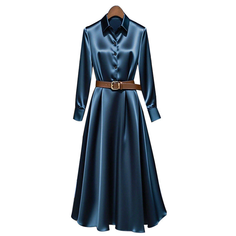 Vestido de manga larga con temperamento, falda A-line de color liso para otoño