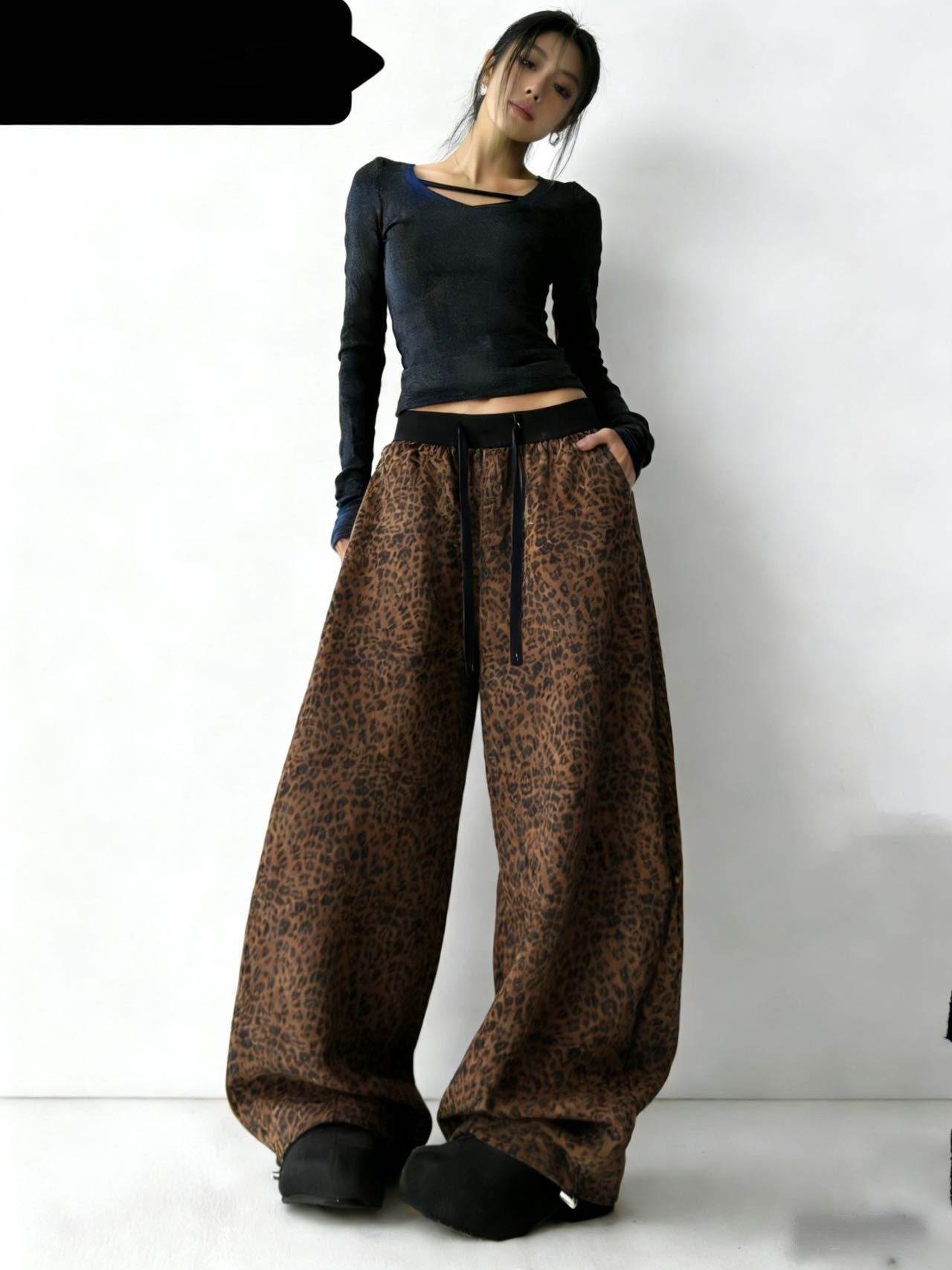 Womens Fashionable All-Match Leopard-Print High-Waist Wide-Leg Pants