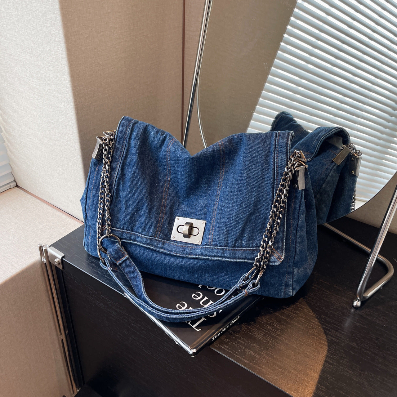 Versatile Denim Tote For Women Chic Crossbody Bag With Chain Strap, Spacious Casual And Work Purse