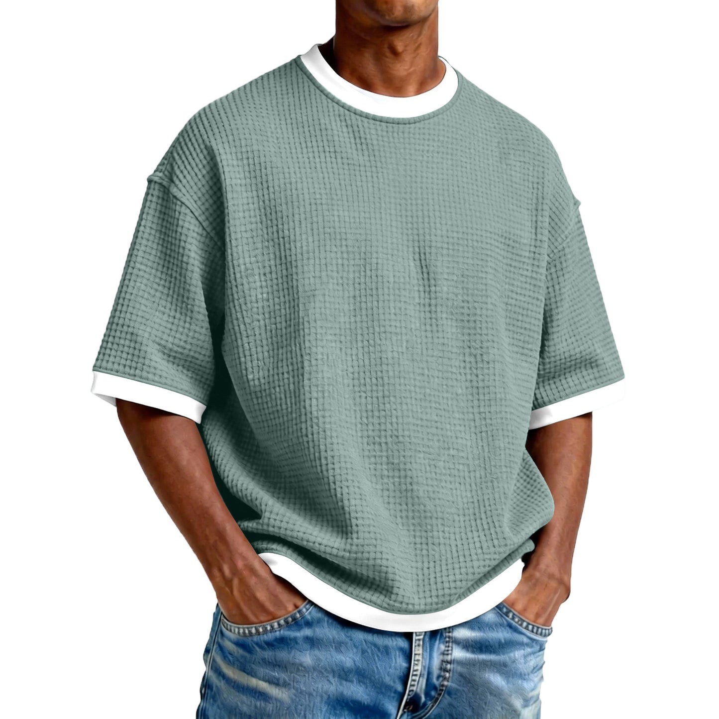 Men's Crew-Neck Contrast-Colored Casual T-Shirt