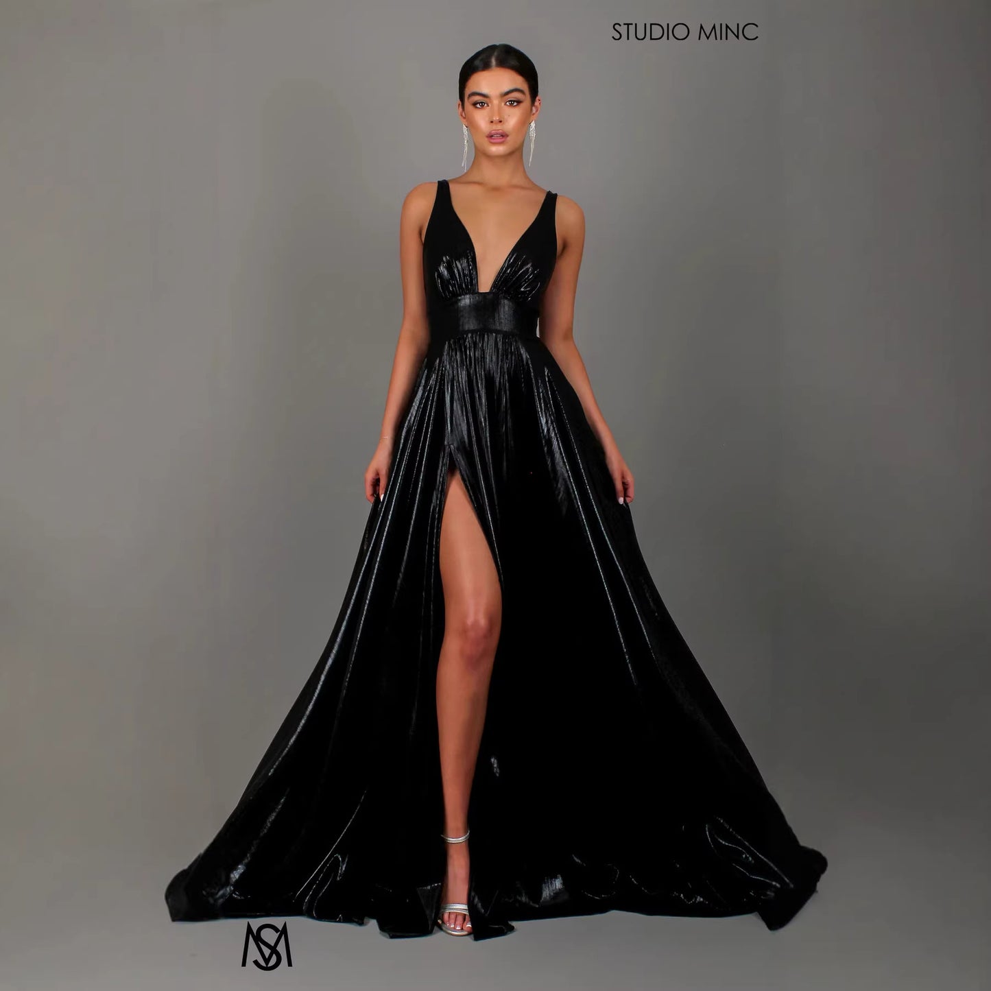 Draped-shoulder Long Dress Sleeveless High-waisted Split Dress