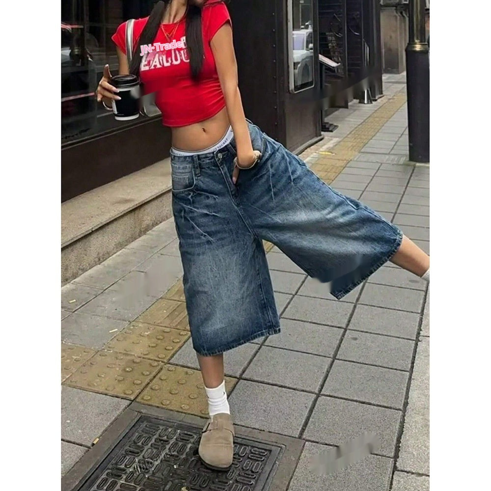 Womens Retro Washed Cropped Denim Jeans