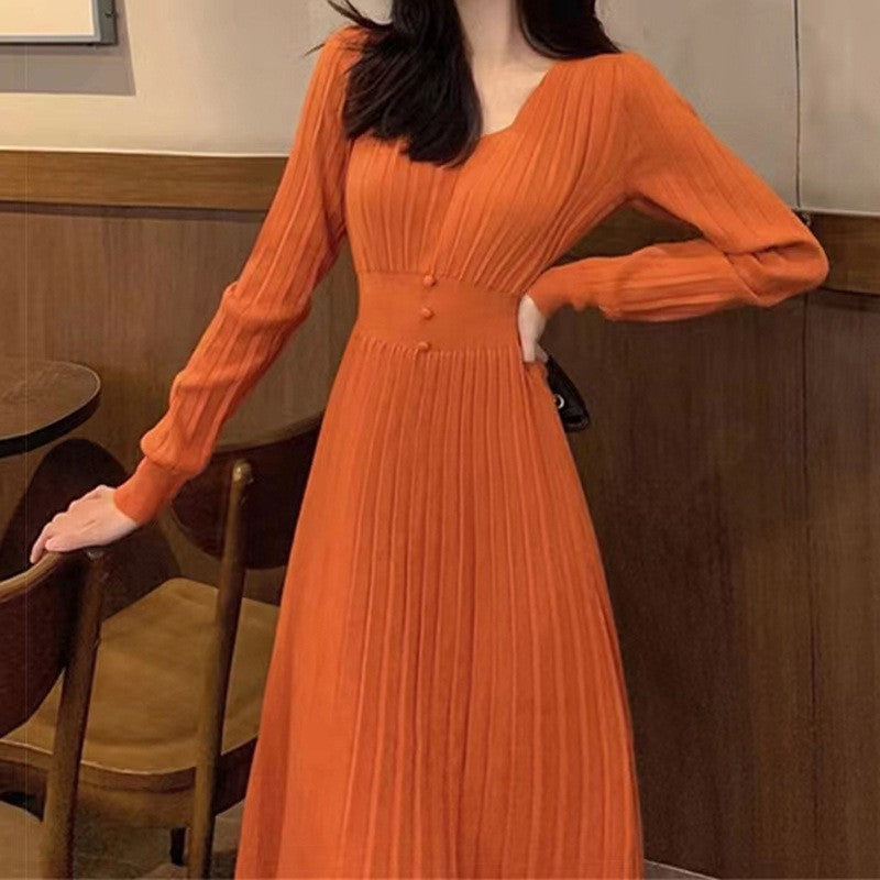 Vestido de mujer de manga larga con cuello de pico y cintura alta
