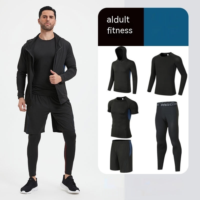 Traje de fitness para hombre, para correr por la mañana, por la noche, deportivo, de secado rápido, de cinco piezas, mallas, baloncesto, ropa de entrenamiento al por mayor