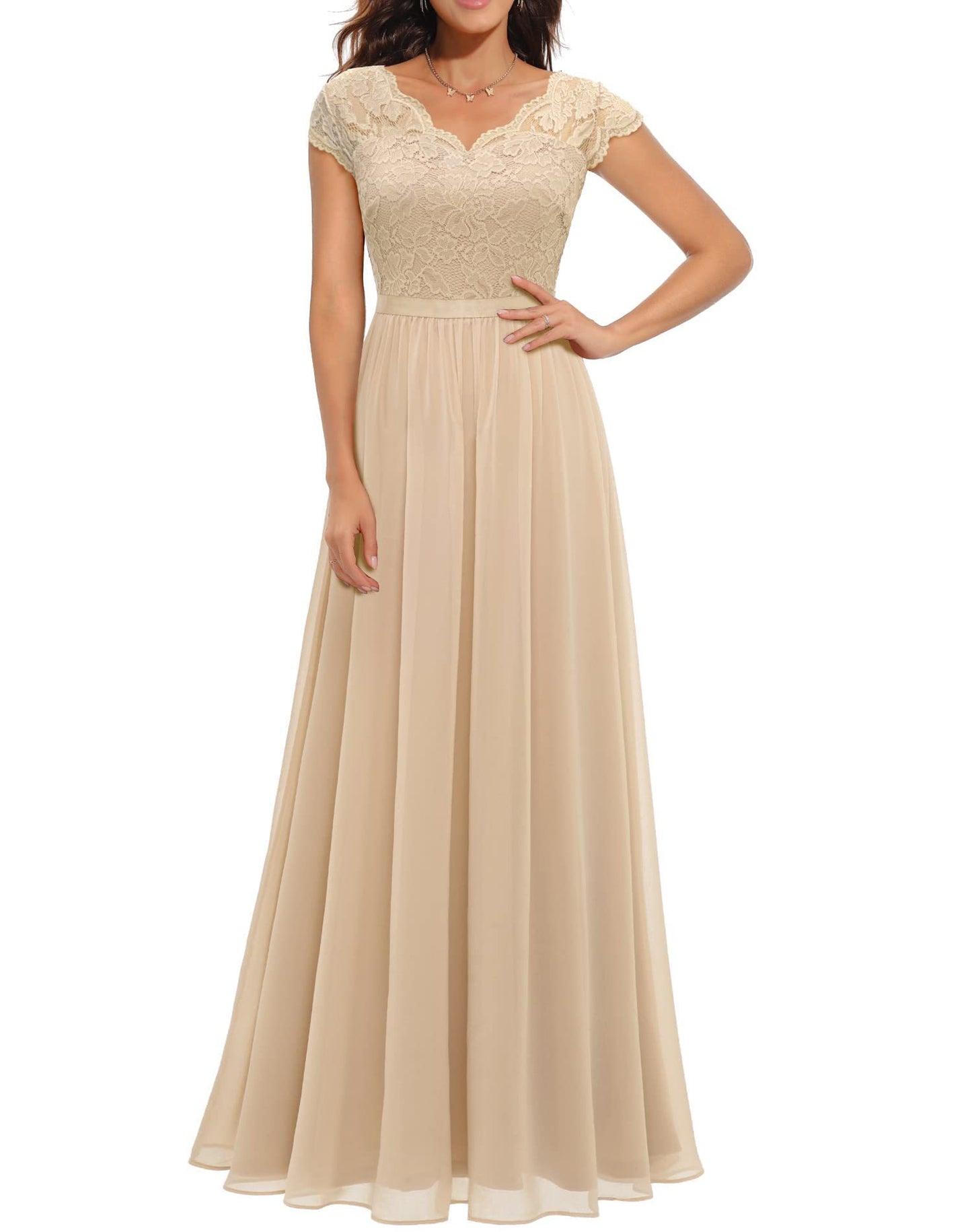 Vestido noble largo ajustado de encaje con retazos