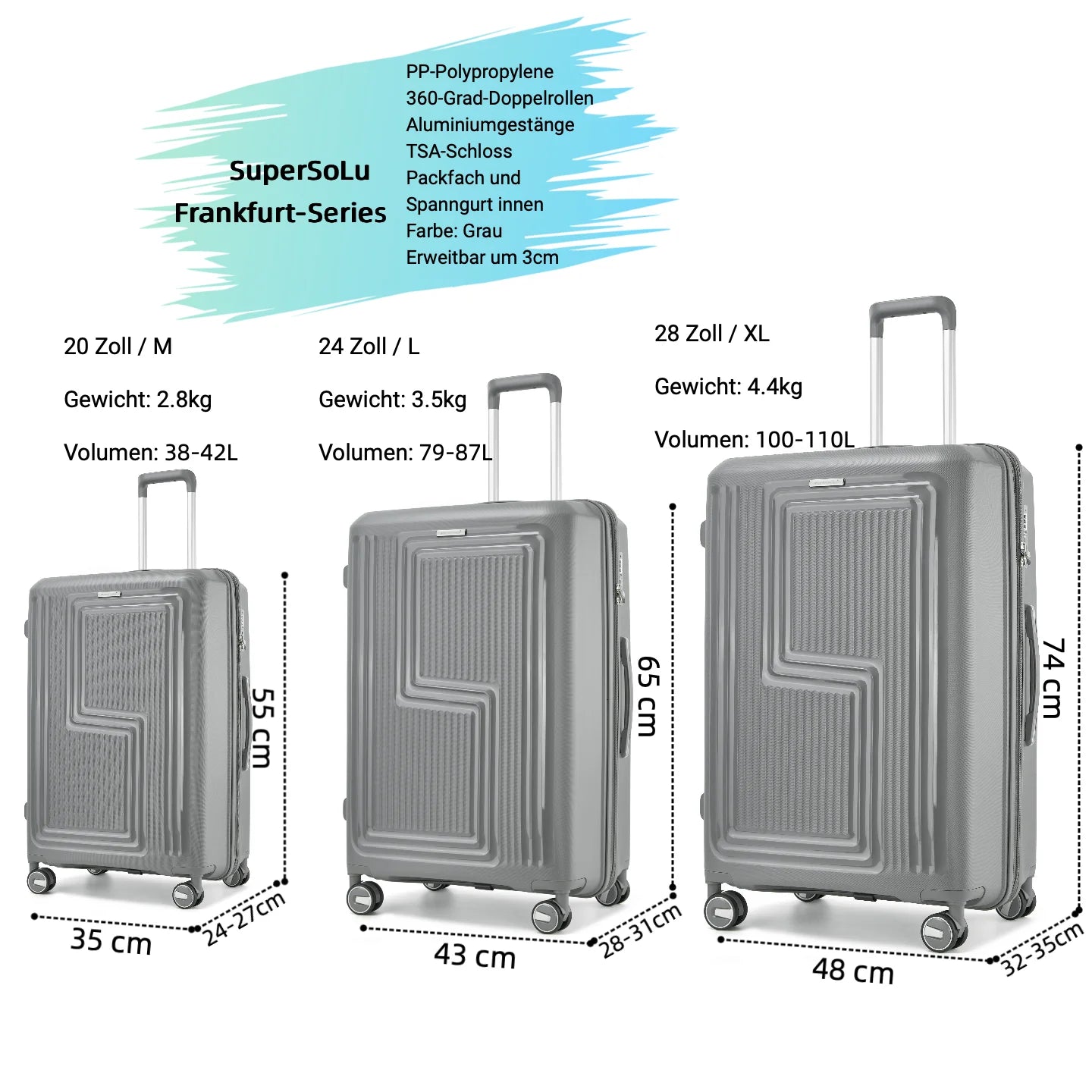 SUPER SOLU Hardshell Trolley Hand Luggage Suitcase PP Polypropylene, Expandable Hardshell Suitcase, Light Gray, 4 Double Wheels, Lightweight & Durable, TSA Combination Lock – Shipped from Germany