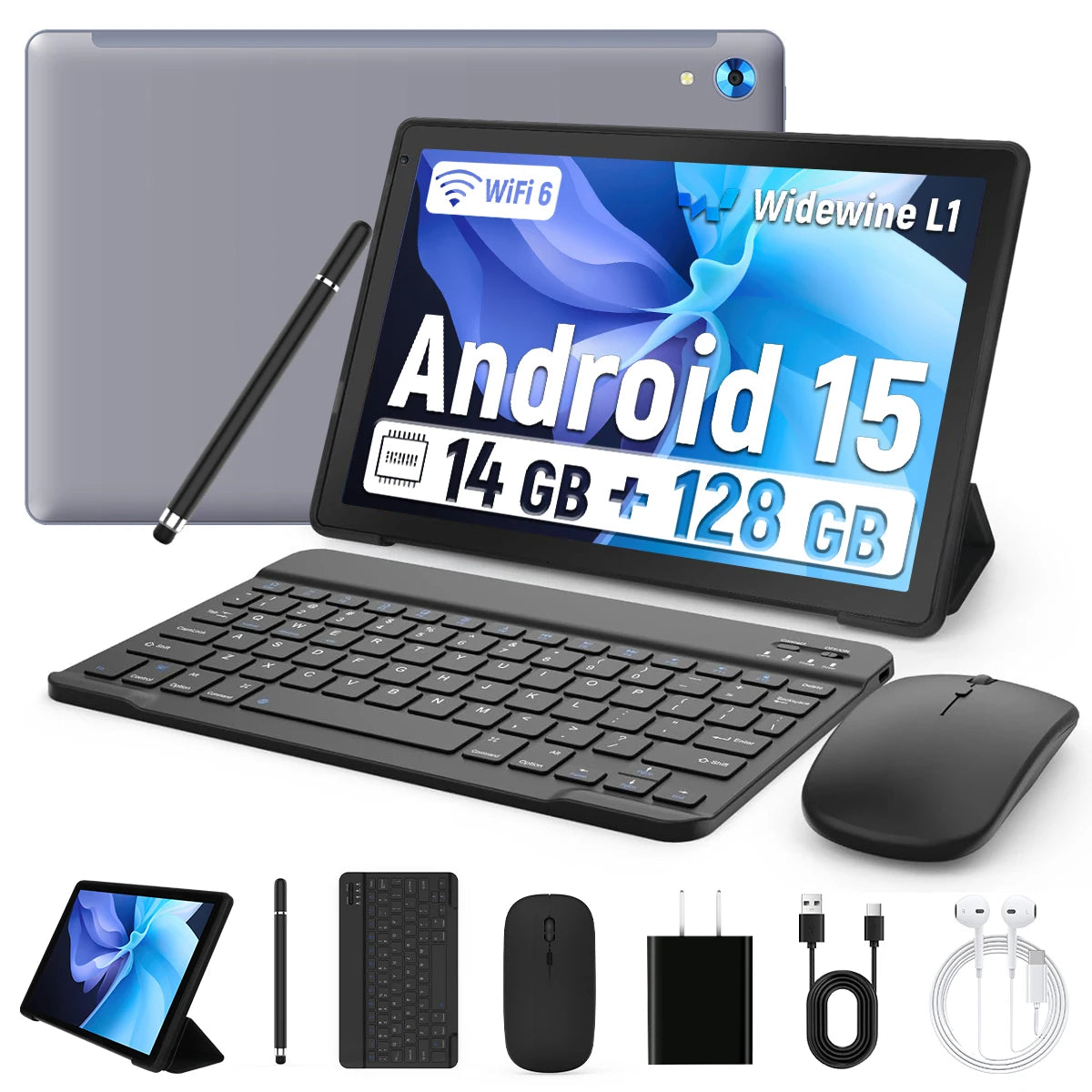 BUFO Tablet,10" Android 15 Tablet with Octa-core Processor 24GB RAM 128GB ROM HD IPS Touchscreen 8H Battery, Wi-Fi 6, BT 5.0, Dual Camera, Android Tablets with Keyboard Mouse Stylus Case Headphone