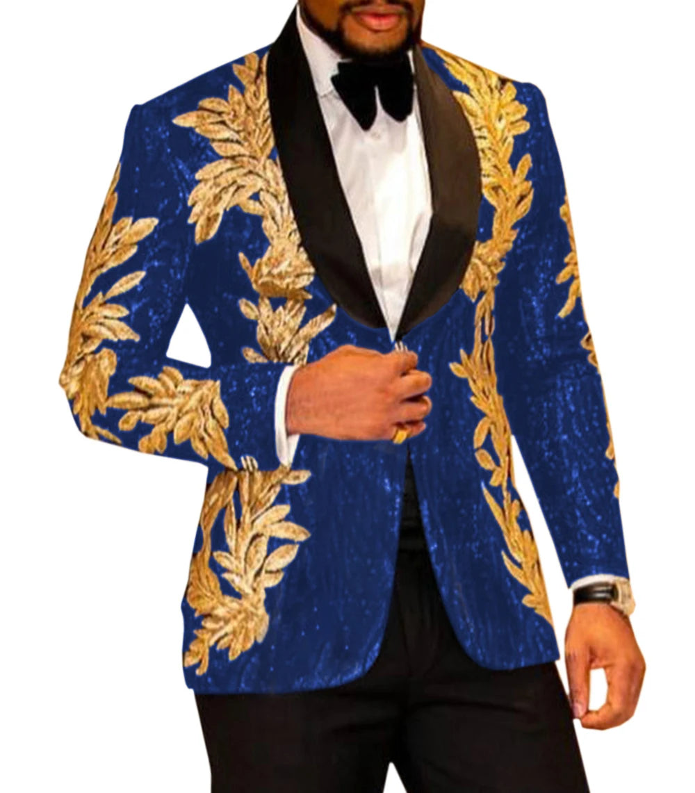 2 Pieces Slim Fit Men's Shiny Sequins Gold Applique Suits Prom Tuxedos Grooms Jacket For Wedding Party Suits Set Blazer+Pants