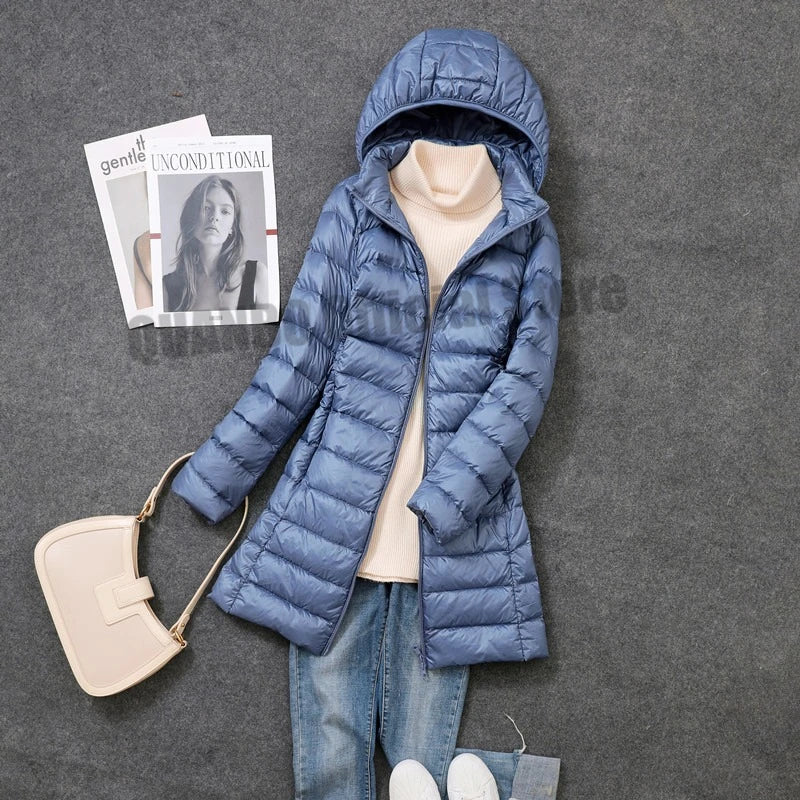 2023 Women Autumn Winter Ultralight Thin Packable Down Long Jacket Female Hat Detachable Slim Fit Skirt Coat Portable Outwear