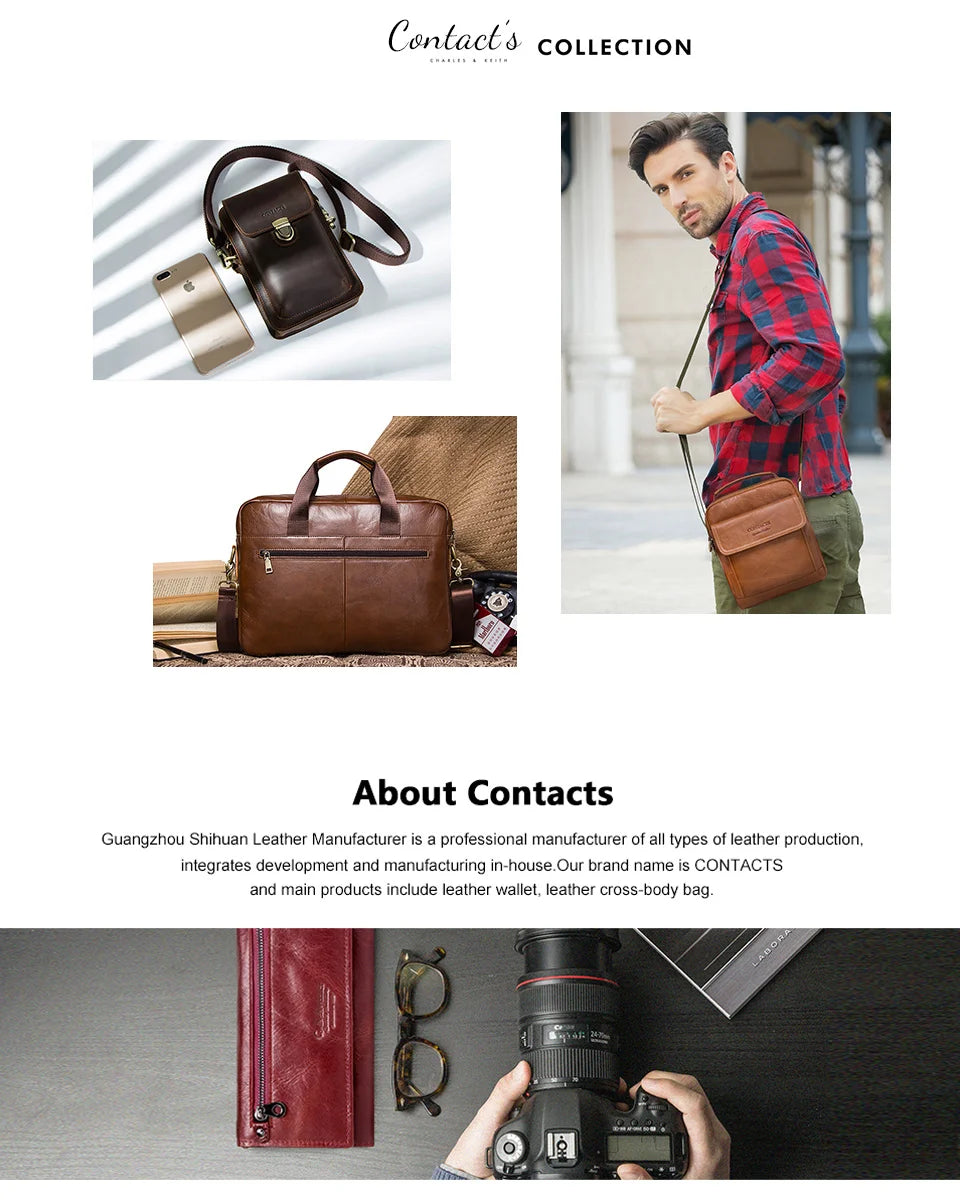 CONTACT'S crazy horse genuine leather men's bag vintage man shoulder bags for laptop messenger bags male bolsa crossbody handbag