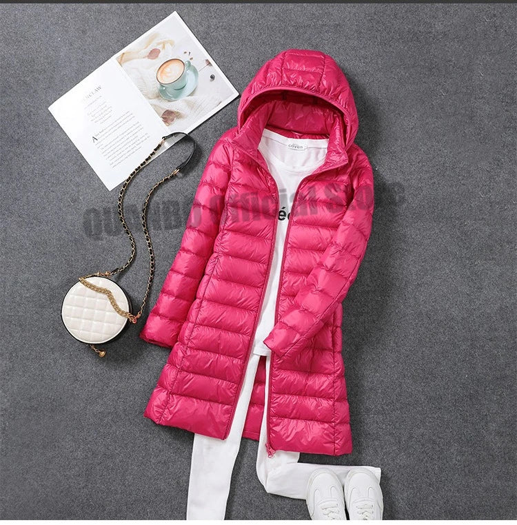 2023 Women Autumn Winter Ultralight Thin Packable Down Long Jacket Female Hat Detachable Slim Fit Skirt Coat Portable Outwear