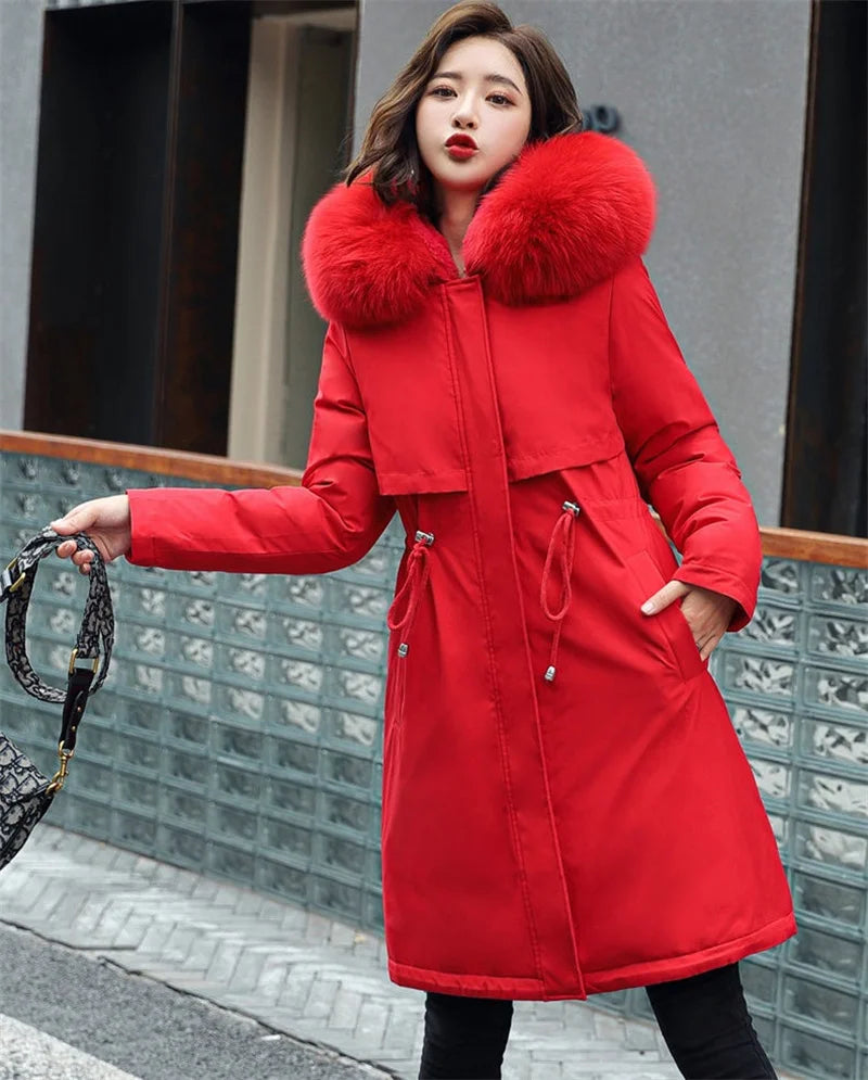 Women Parka Winter Jacket Clothes Long Coat Thick Wool Liner Hooded Jacket Fur Collar Thick Warm Snow Wear Fashion Padded Coat