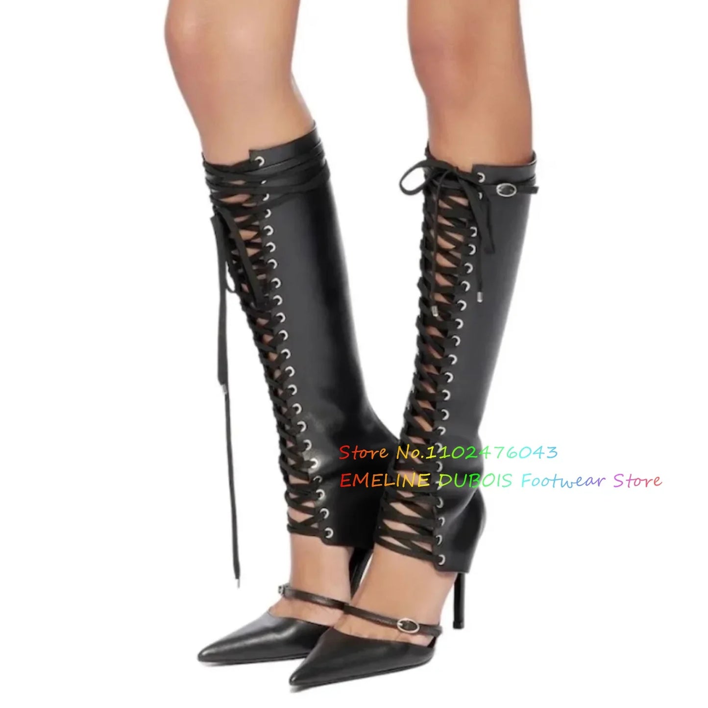 White Pointed Toe Lace Up Knee High Boot Women Summer New Sexy Hollow Buckle Strap Stiletto Heel Front Cross Tied Sandals