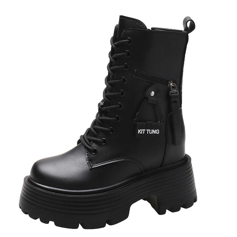 New 2023 Autumn Platform Mid-calf Boots Women Thick Sole Winter Leather Punk Shoes Chunky Motorcycle Boots Woman