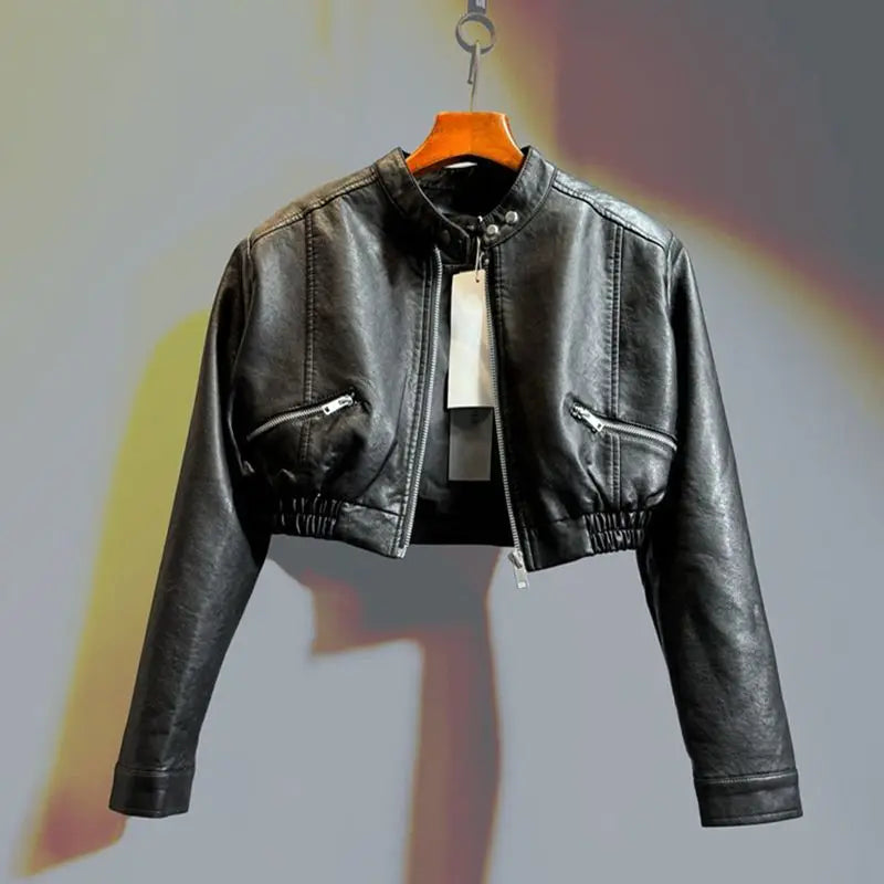 2025 Autumn New Handsome Versatile Short Motorcycle Jacket Top High Waist PU Leather Jacket for Women Faux Fur Coat