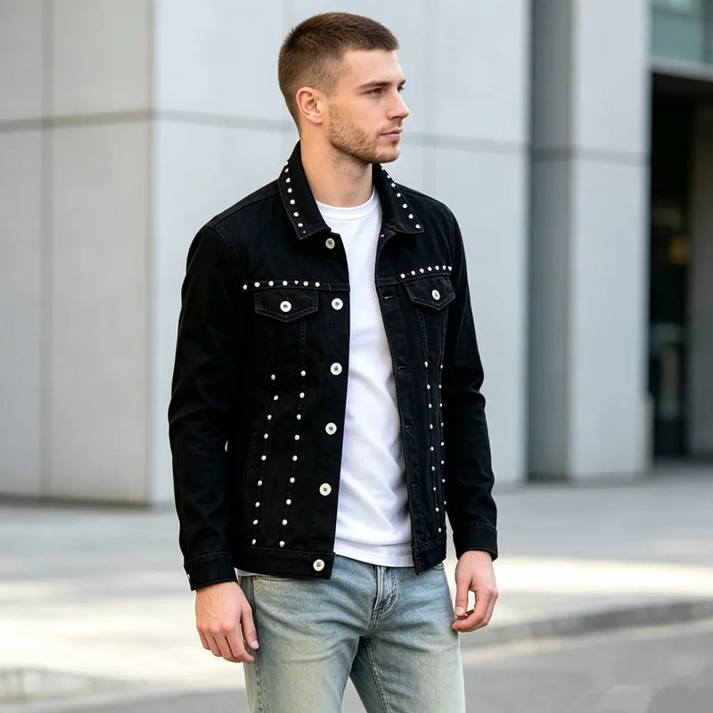 QICHE High‑Street Men Denim Jacket European‑Inspired Heavy‑Weight Rivet Decor Trendy Casual Outerwear