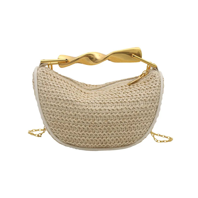 Luxury Metal Handle Clutch Bag Women Exquisite Handmade Rattan Woven crossbody Bag Half-moon Beach Bags Roomy Straw Tote Bag