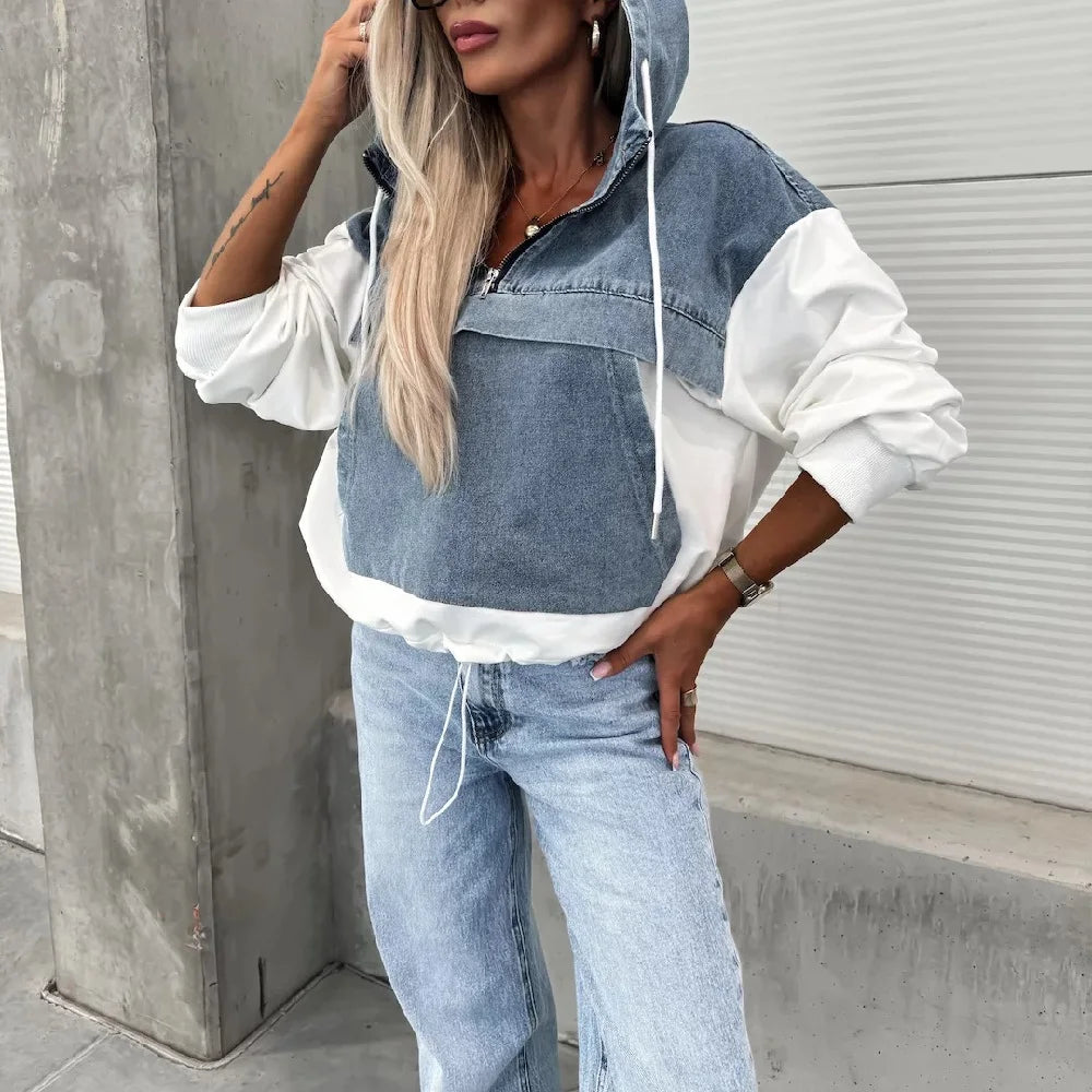 Women Autumn Hoodies Sweatshirt Ladies Long Sleeve Denim Stitching Pullovers Sweatshirts Tops