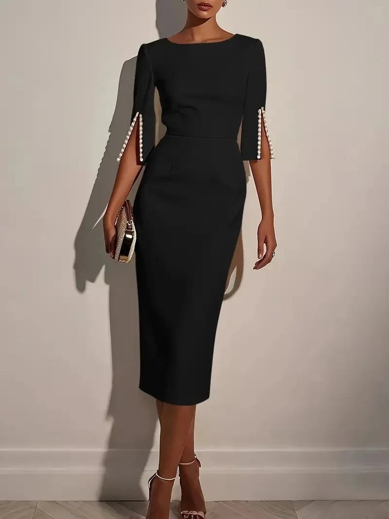 2025 Dress for Women Fashion Comfortable Office Solid Color Commuter Bead Slim and Elegant Evening Party Dress