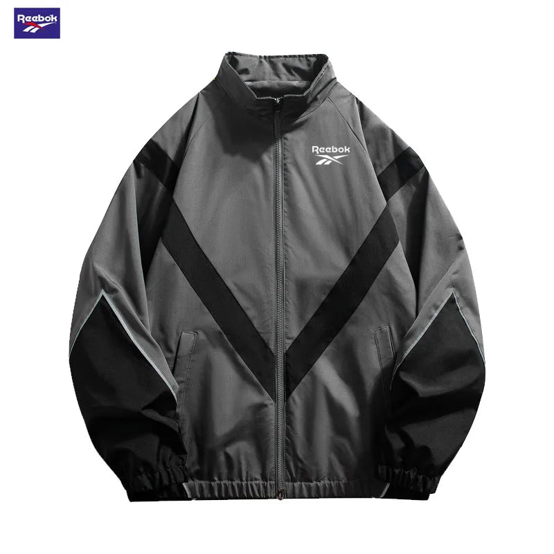 2025 Reebok New Men's Fall Jacket with Reflective Patch Stand Collar, Windproof Sporty Casual Jacket for Autumn and Spring