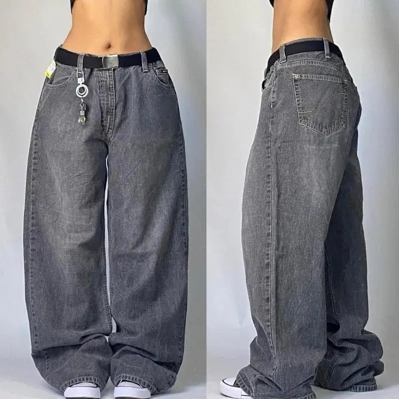 Fashion New Multi Pocket Washed Baggy Jeans Men And Women Low Waist Straight Leg Drawstring Closure High Elasticity Korean Style