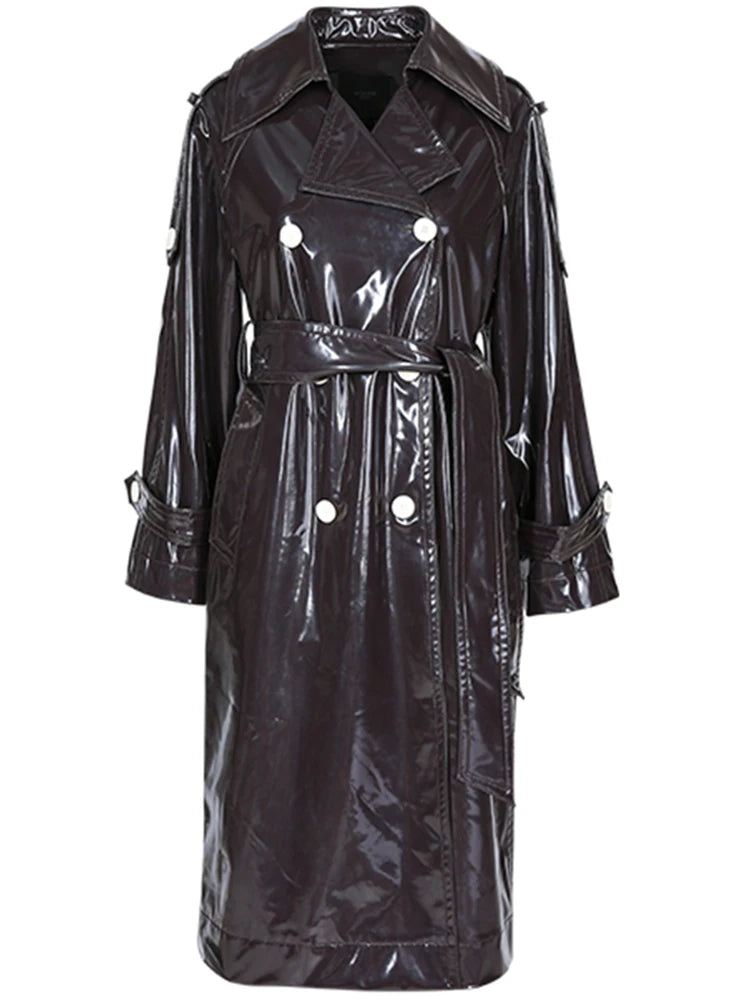 Nerazzurri Long Waterproof Black Patent Leather Trench Coat for Women 2020 Double Breasted Iridescent Oversized Leather Coat 7XL