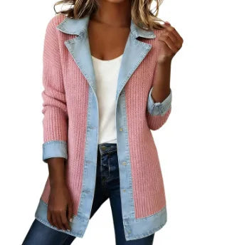 Women's Casual Autumn Retro Harajuku Fashion Elegant Slim Fit Sports Jacket Collar Long Sleeved Y2K Denim Patchwork Jacket