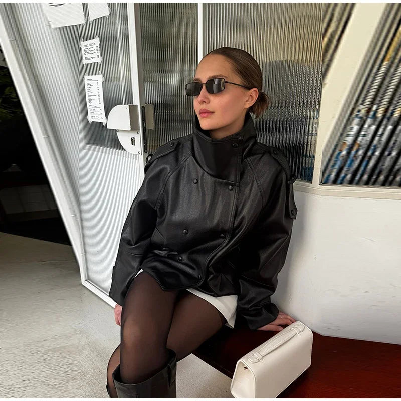 Street Black Women's Leather Jacket Autumn High Neck Double Breasted Full Sleeve Jackets 2026 Winter Lady Fashion Outwears