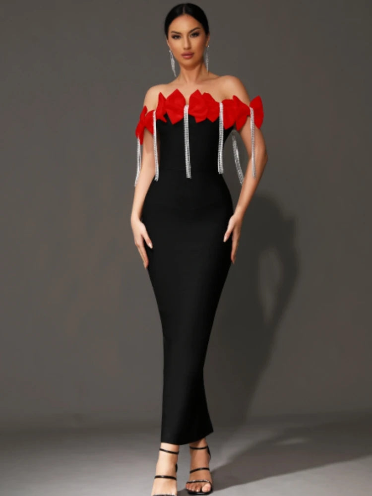 Women Celebrity Sexy Off Shoulder Bow Tie Diamonds Black Maxi Long Bandage Dress 2024 Knitted Elegant Evening Club Party Outfit