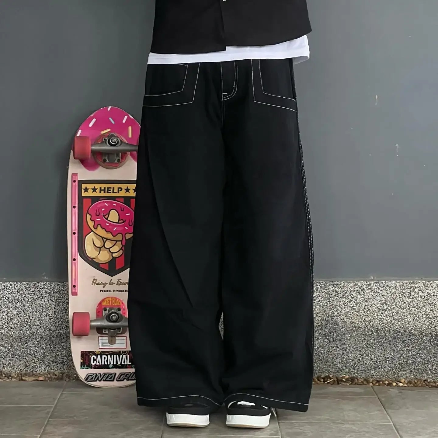 Harajuku Black Wexwear Graphic Embroidered Baggy Jeans Streetwear Y2K Jeans Men Women High Waist Wide Trouser Skateboard Pants