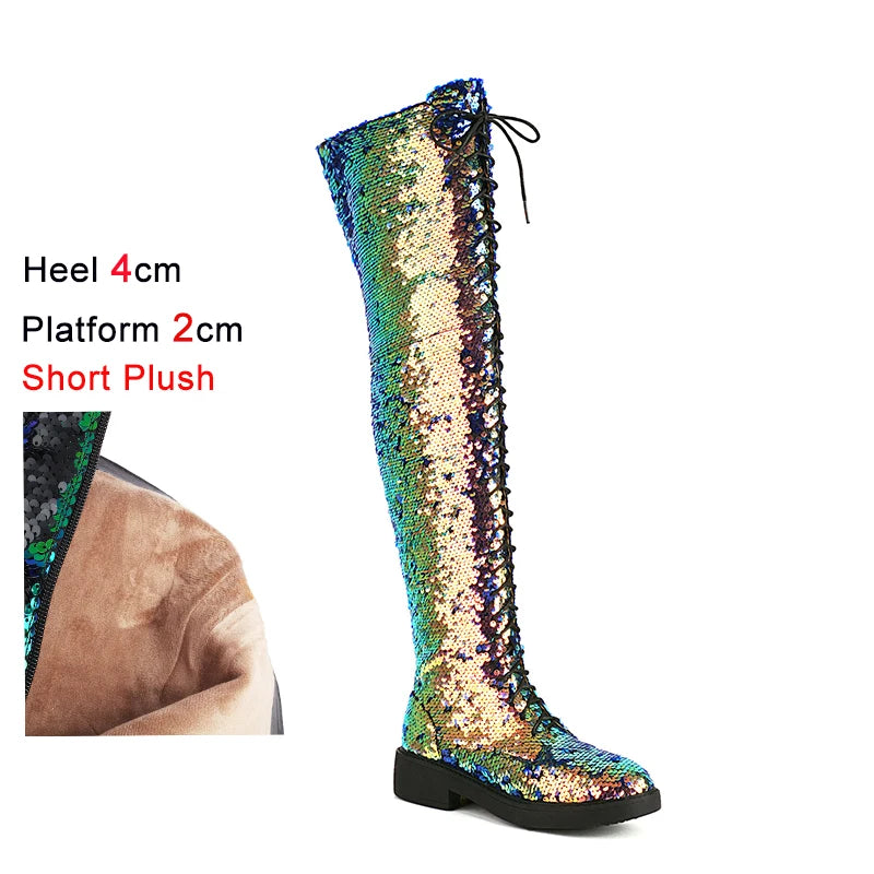 Lowheel Boots For Women Autumn Winter Thick Heels Over-knee-high Boots Shiny Sequined Club Dance Shoes Lace Up Thigh High Boots