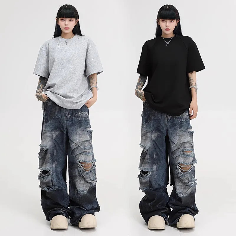 American High Street Spray Ripped Wide Leg Jeans Men Women Summer 2025 New Style Hip Hop Casual Wear Resistant Cotton Stretch...