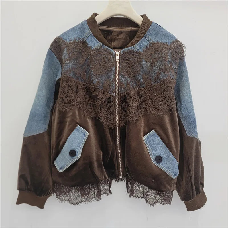 Spring New Fashion Stitched Lace Loose Velvet Denim Jacket Trendy Personality Street Casual Versatile Baseball Jackets Women