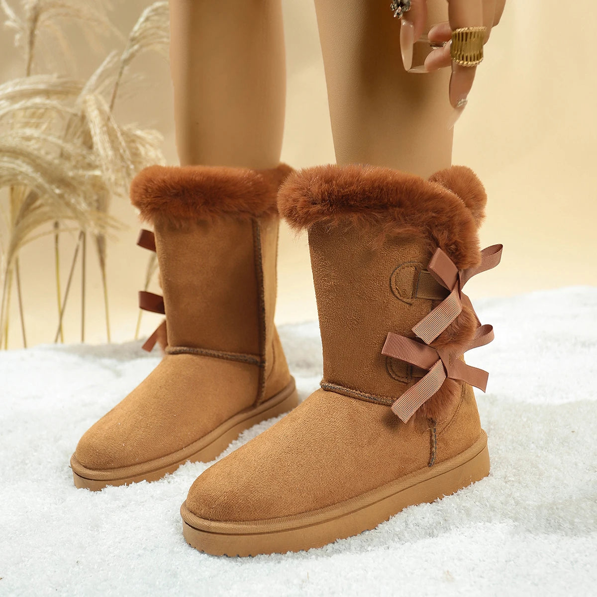 Fashion New Round Head Bow Sexy Warm Casual Walking Boots Winter Large Size Plus Velvet Comfortable Snow Boots for Women