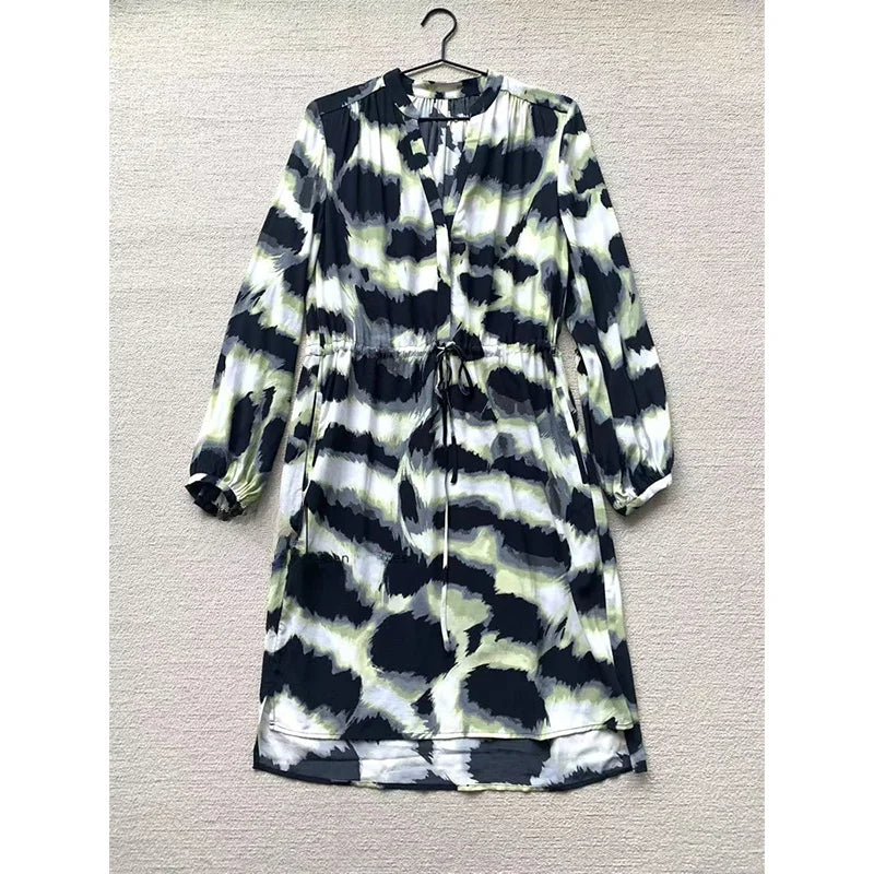 Faionable adient Print Silk Blend Dr with Dstring V-Ne ort Sweet Sle Long Sve round Ne Gown for Women