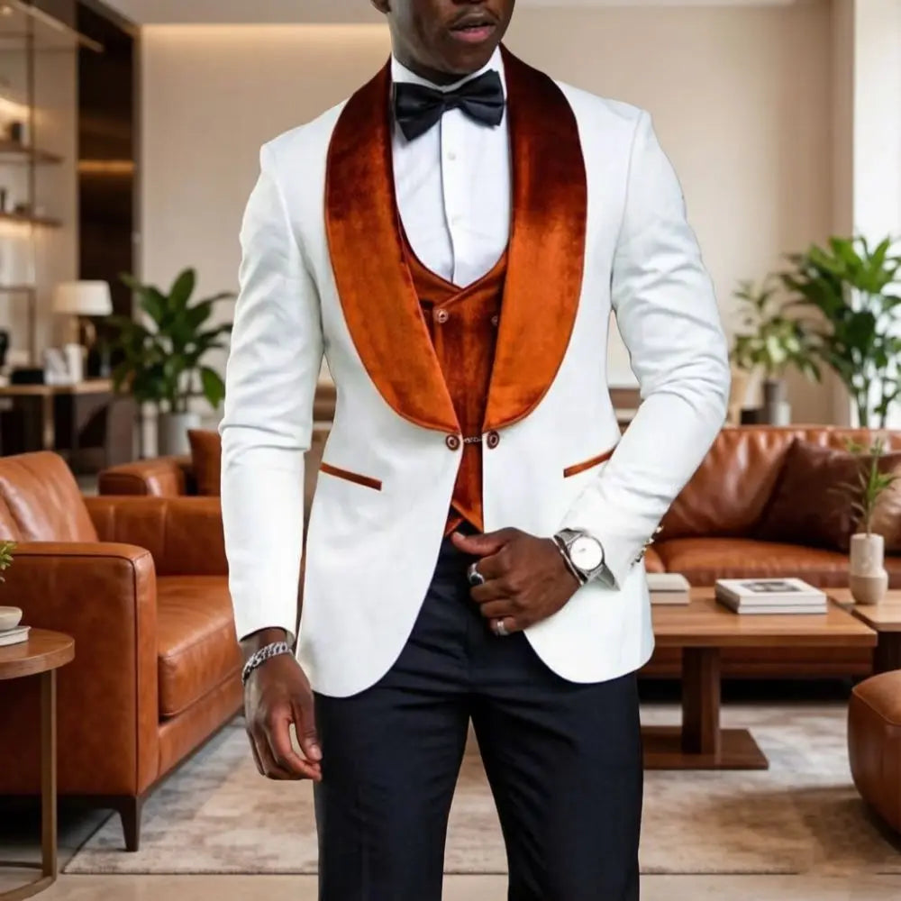 White Formal Suits for Men Slim Fit 3 Pieces Custom Made Wedding Tuxedo Mix Match Velvet Shawl Lapel Prom Movie Premiere Wear