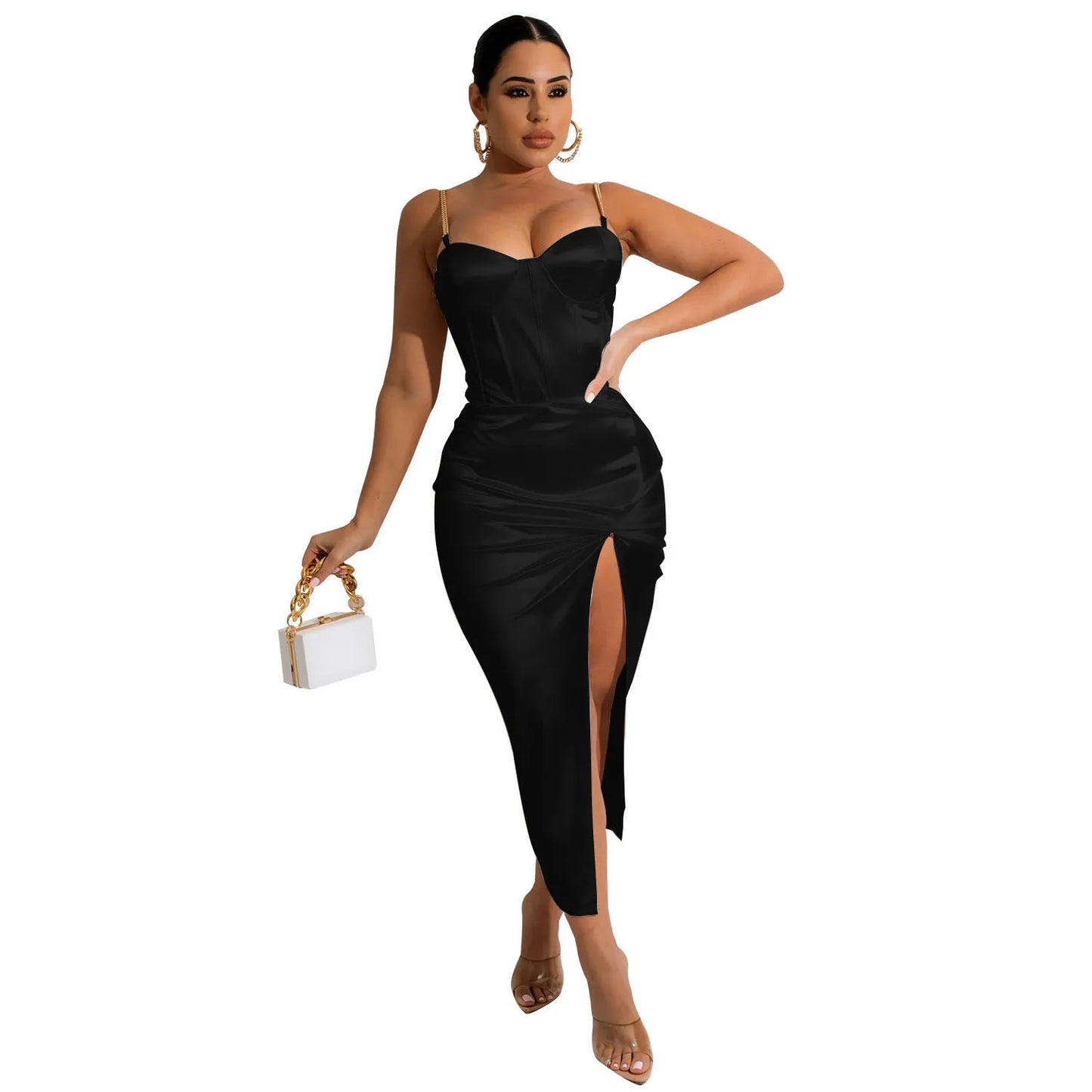 OS6728 Summer New Faion Sexy Midi Length Uneven Pure Color Women's Dr Modern Sle Polyester Fiber No Sve Gown