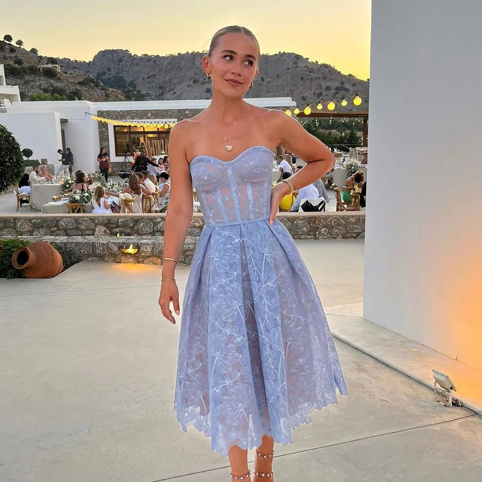 Evening Dress Women Fashion Sexy See Through Lace Embroidery Tube Top Dresses Temperament Socialite Banquet Prom Vestidos 2025