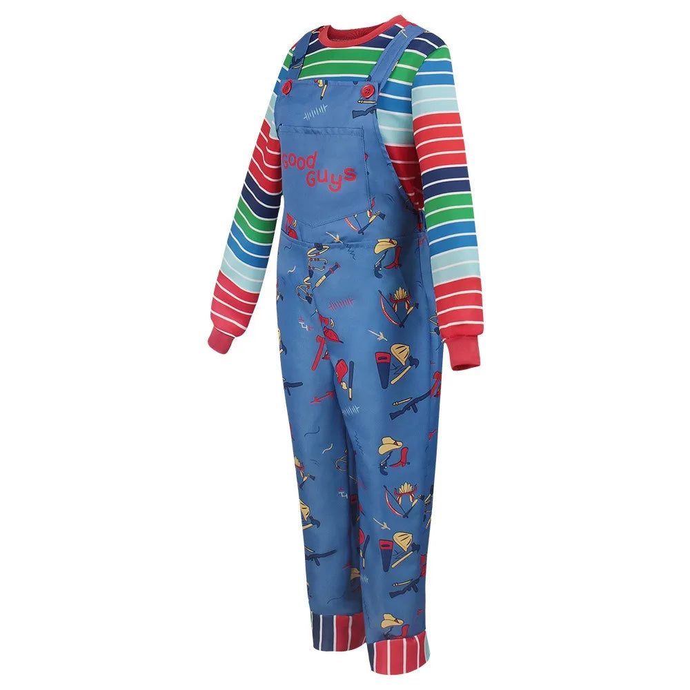 Adult Chucky Cosplay Costume with Striped Shirt and Jumpsuit for Chucky Overalls Halloween Costumes