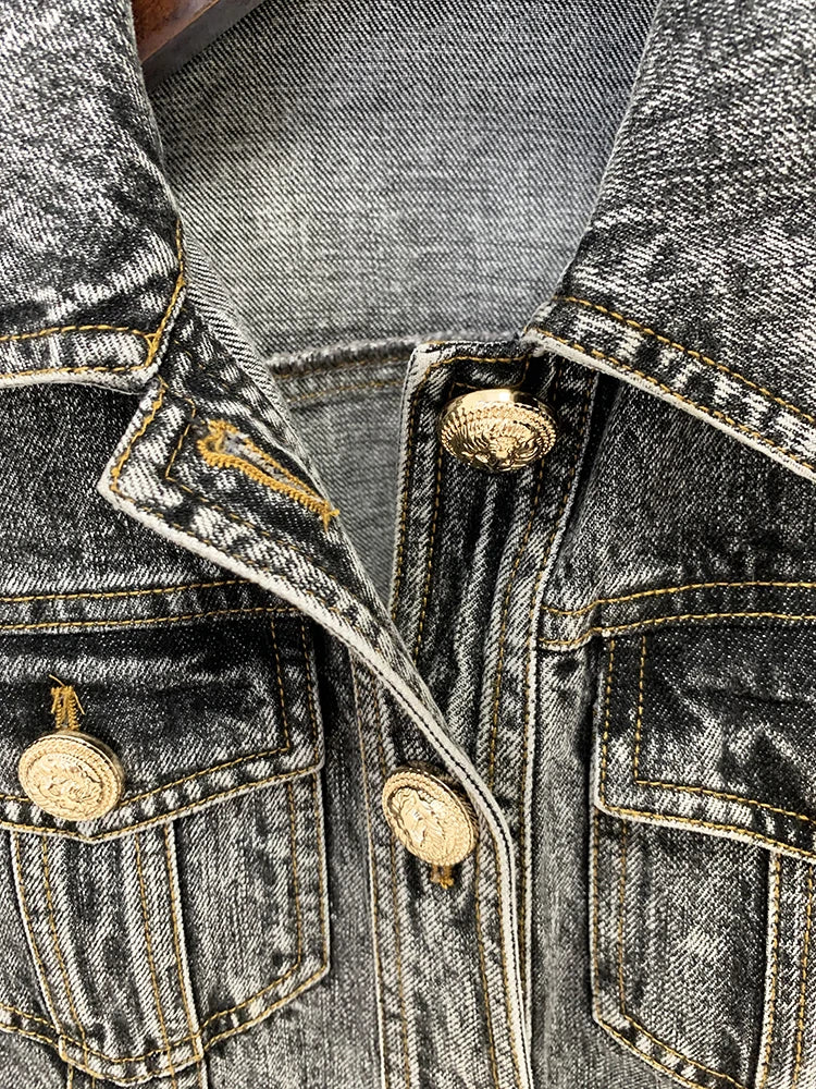 HIGH STREET Newest 2026 F/W Designer Fashion Women's Lion Buttons Stone Wash Denim Jacket