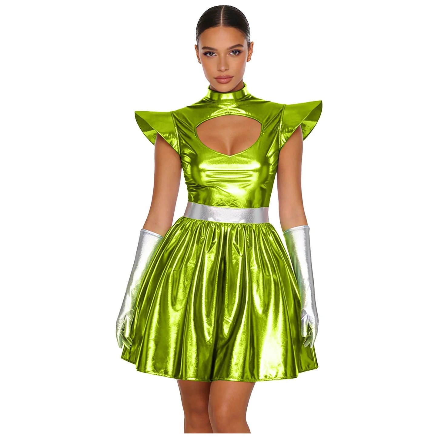 Womens Space Alien Costume Shiny Metallic High Waist A-line Dress with Gloves Astronaut Cosplay Outfits for Halloween Party