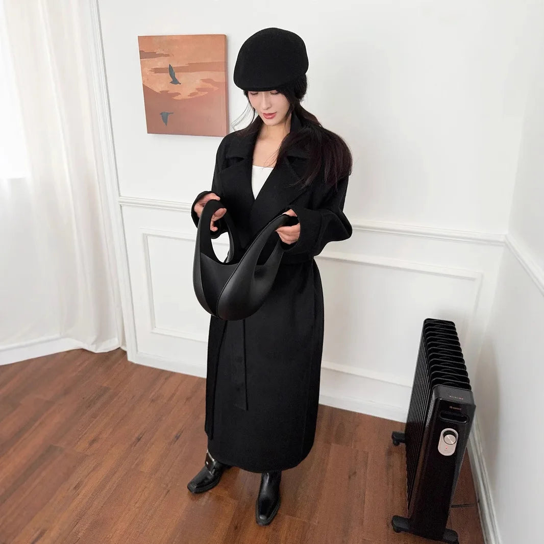 Women's Casual Double-Faced Woolen Coat Mixed Fabric New Arrival Black Autumn Winter Long Sleeve Suit Collar Fashion Commute