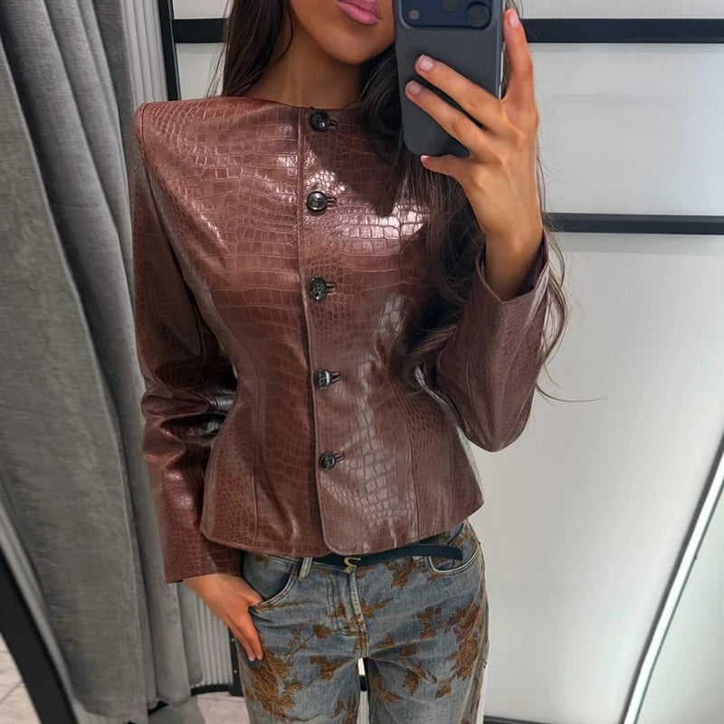 Street Fitted Leather Jackets Women Shoulder Pad Single Breasted Long Sleeves Pu Coats Female 2026 Autumn New Chic Outwears Lady