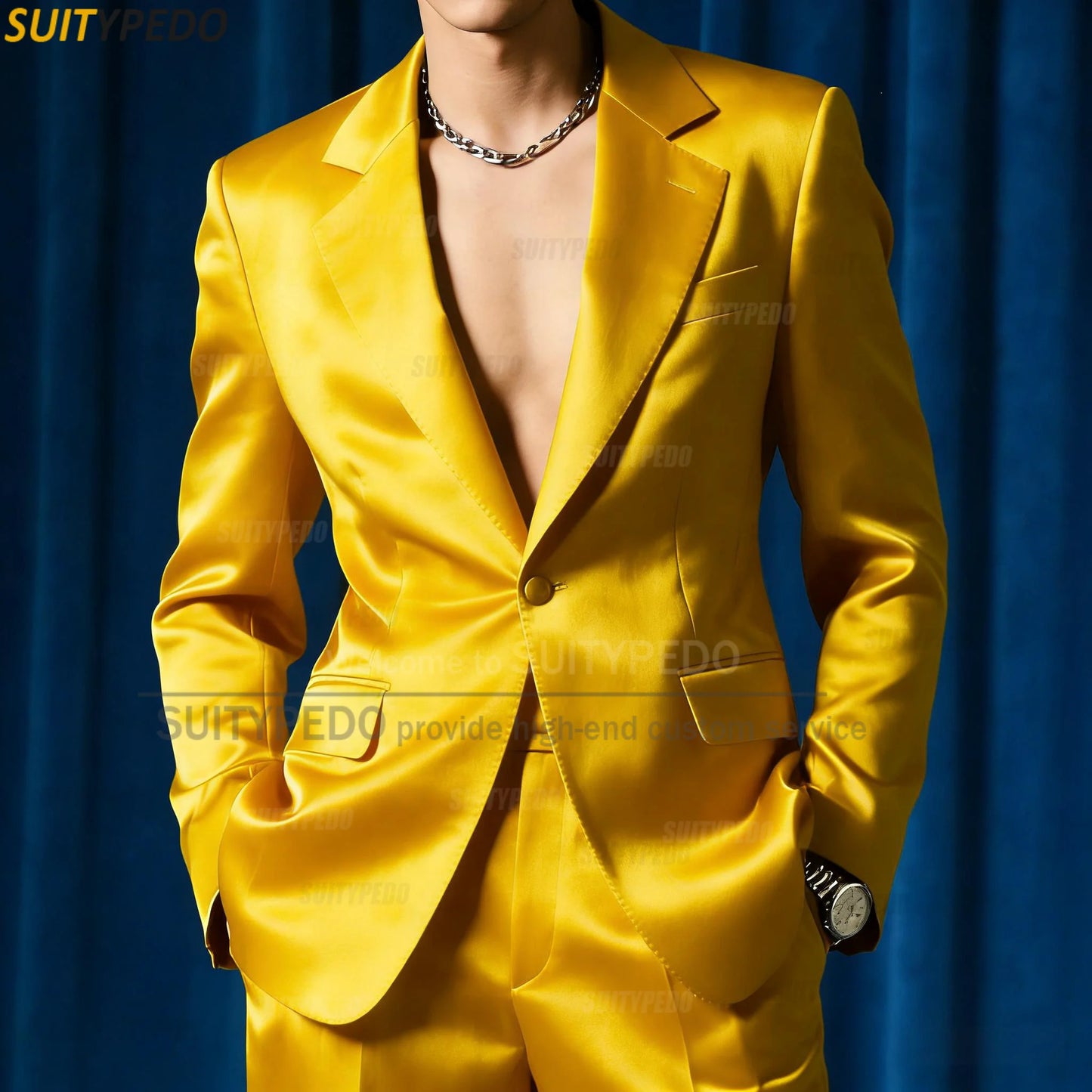 Fashion Royal Blue Satin Party Prom Men's Suit Sets 2 Pcs Blazer And Pants Brief Solid One Button Notch Lapel Homme Costumes