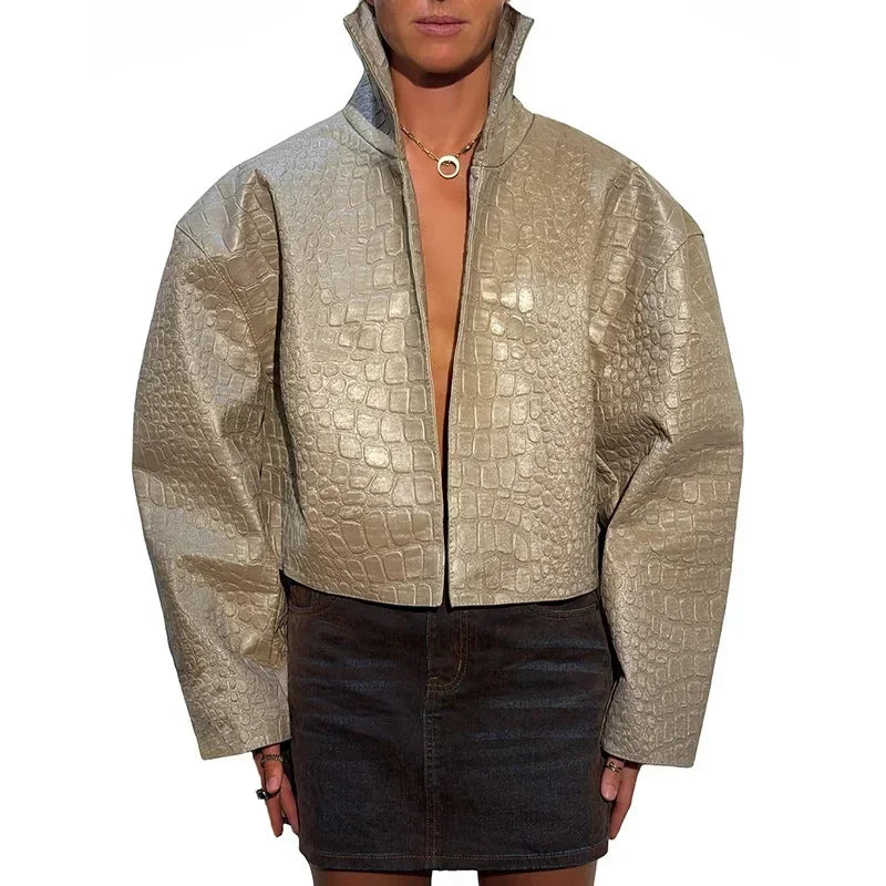 Women Cropped Faux Croc Leather Jacket Loose Solid Fashion Stand Collar Outerwear 2026 Autumn Street Winter Casual Party Coats