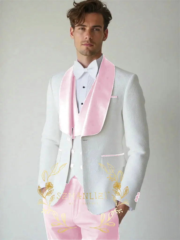 White Floral Wedding Men's 3-piece Suit Set (Jacket Pants Vest) Groom Tuxedo Formal Blazer Elegant Groomsmen Suit for Men